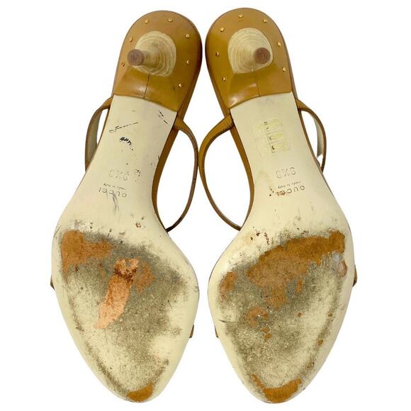 Gucci GG Logo Interlocking Tan Brown White Leather Strappy Heels Sandals US 9.5 - Picture 10 of 10